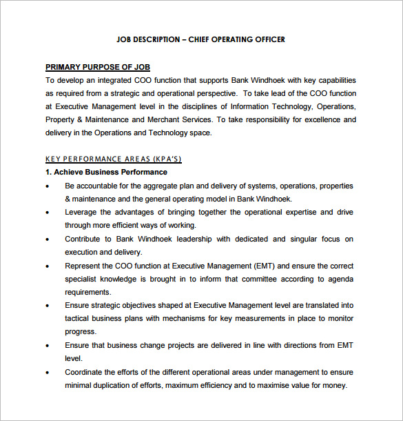 Chief Operating Officer Job Description Template 9 Free Word PDF 