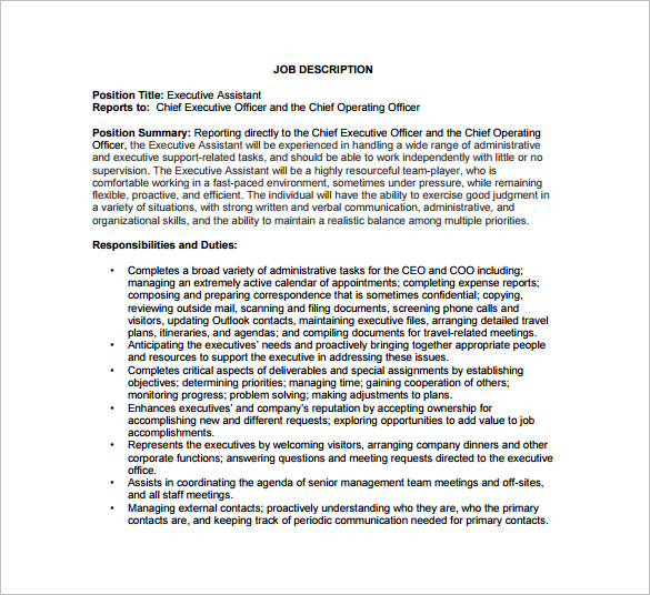 executive assistant coo job description free pdf template