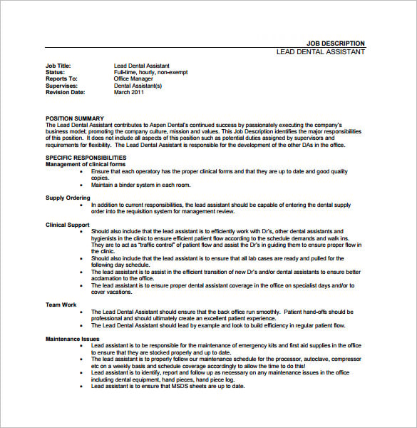 lead dental assistant job description free pdf template