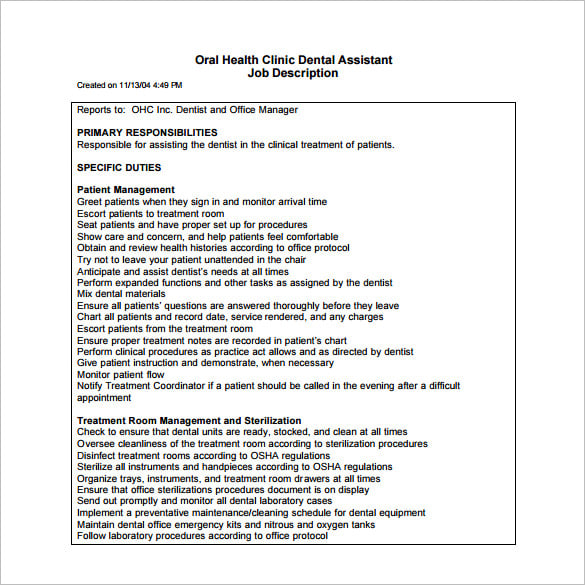 oral health clinic dental assistant job description free pdf