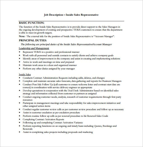 inside sales representative job description free pdf template
