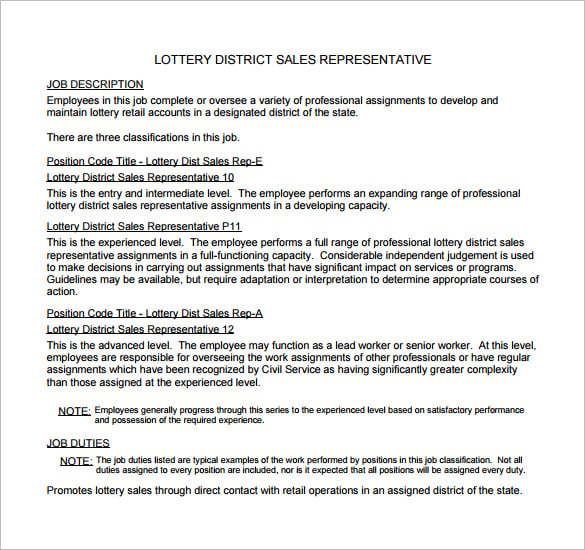lottery district sales representative job description free pdf