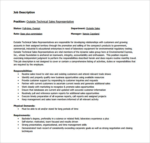 outside technical sales representative job description free pdf