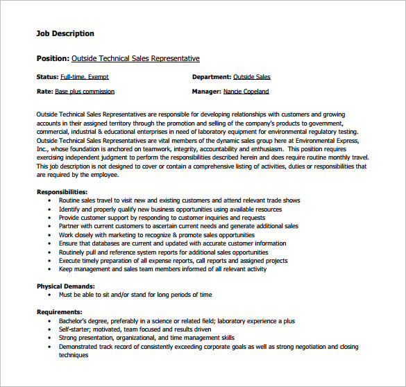 Outside Technical Sales Representative Job Description Free PDF ?width=530