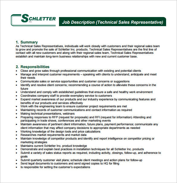 free technical sales representative job description pdf template