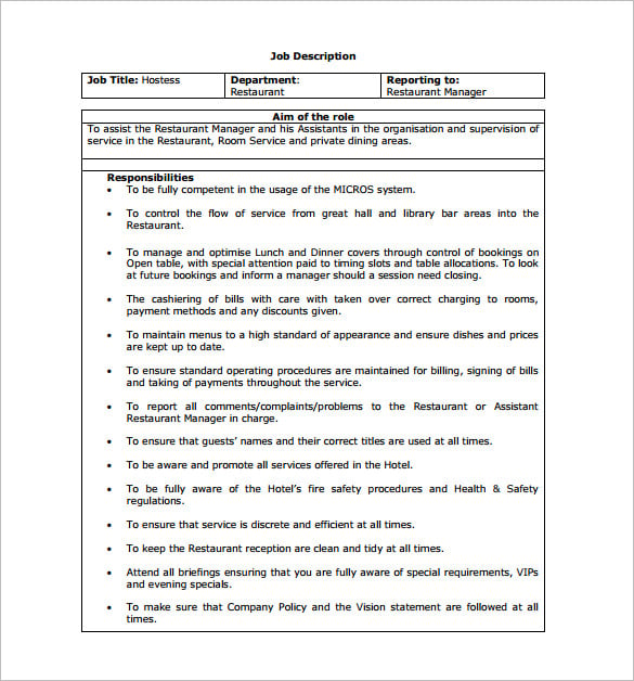 restaurant hostess job description free pdf template