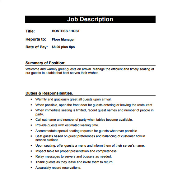 Job Description For Hotel Hostess For Resume