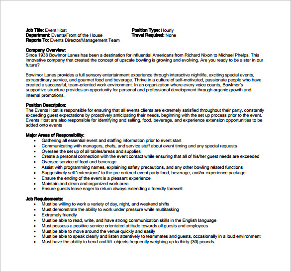 event hostess job description free pdf template