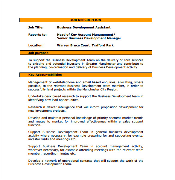 business development assistant job description free pdf template