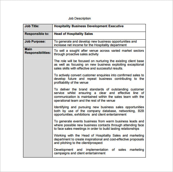 hospitality business development executive job description free pdf