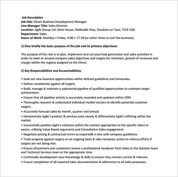 direct business development manager job description free pdf template