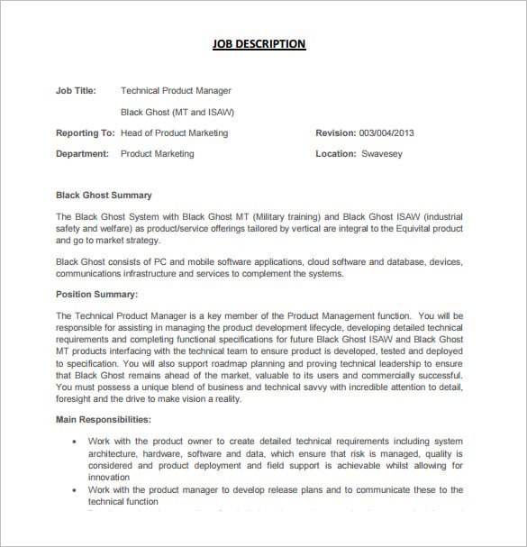 technical product manager job description free pdf template