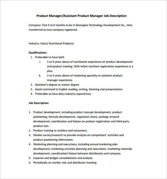 assistant product manager job description pdf free download
