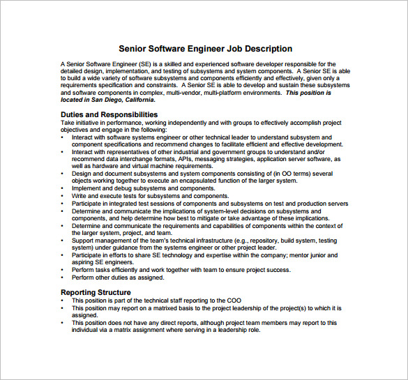 senior software engineer job description free pdf template