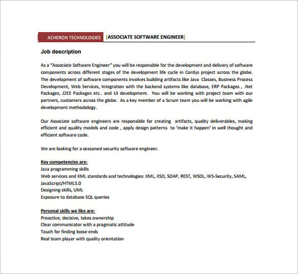 free associate software engineer job description pdf download