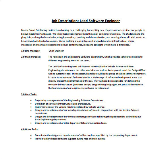 lead software engineer job description pdf free download