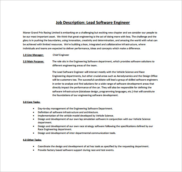 lead software engineer job description pdf free download