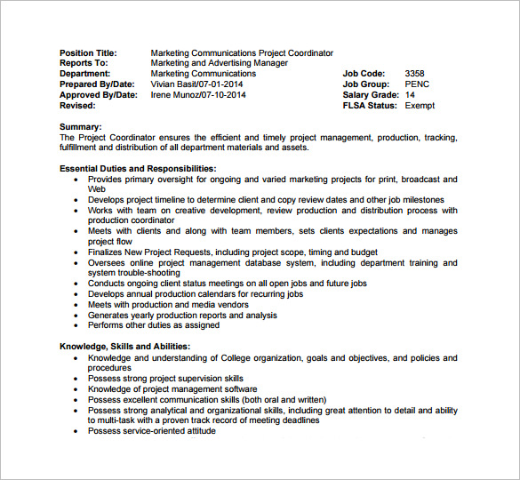9+ Project Coordinator Job Description Templates Free Sample, Example