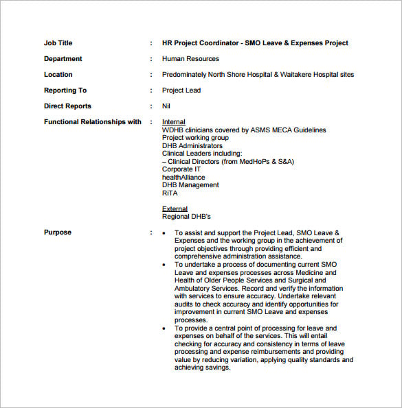 hr project coordinator job description pdf free download