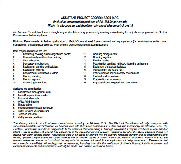 free assistant project coordinator job description pdf download