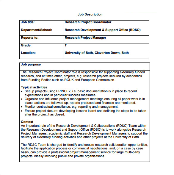 Job Description Example Uk Research Project Coordinator Job Description Sample PDF Free Download