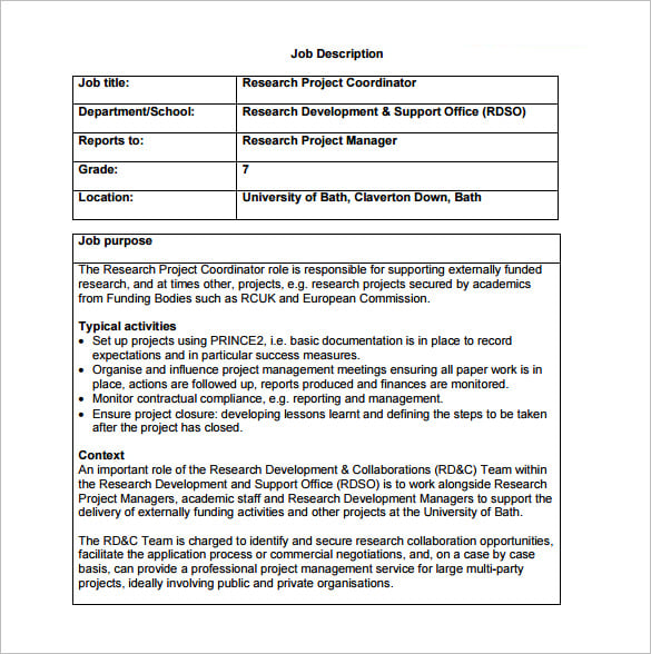 research project coordinator job description pdf free template