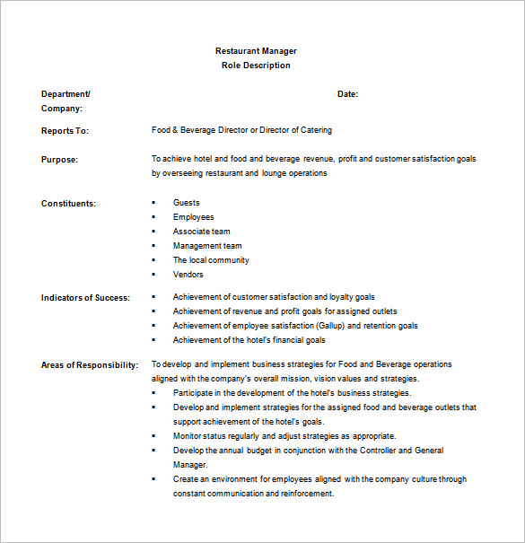 Restaurant Manager Job Description Template 12 Free Word PDF Format   Hotel Restaurant Manager Job Description Free Word Download 