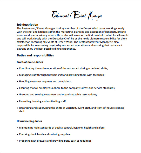 restaurant event manager job description pdf free download