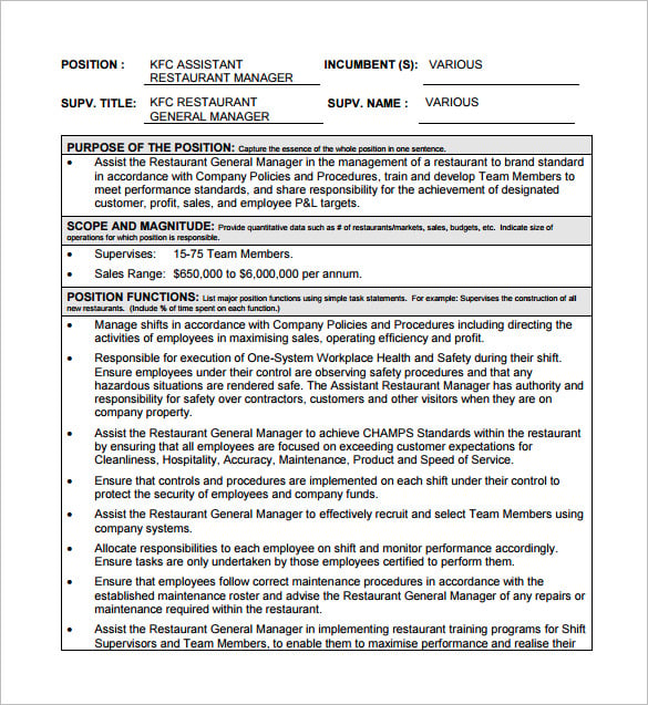 kfc assistant restaurant manager job description free pdf