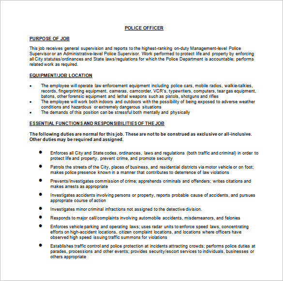 police officer description of duties for resume