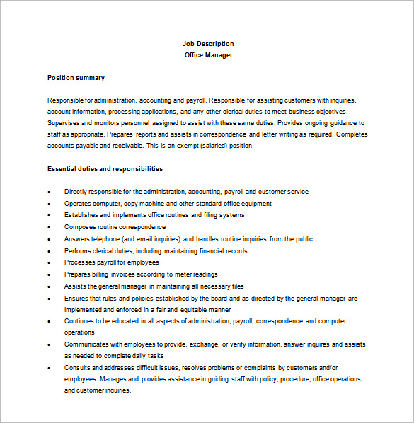 9+ Office Manager Job Description Templates Free Sample, Example