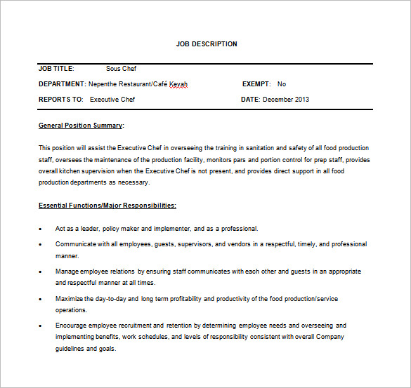 17+ Sous Chef Job Description Templates Free Sample, Example, Format