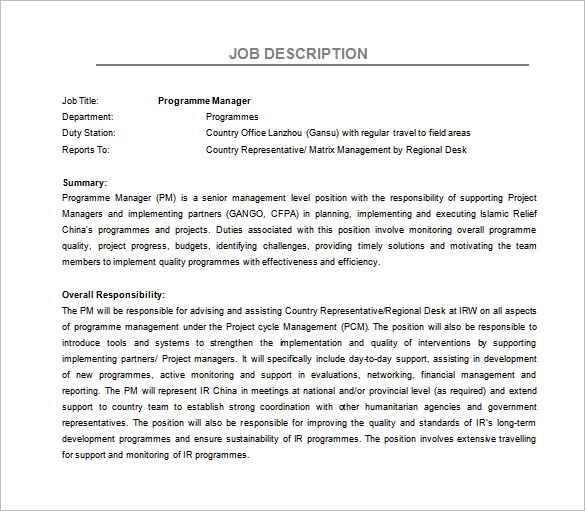 Program Manager Job Description Template 10 Free Word PDF Format 