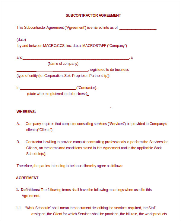 12 Simple Subcontractor Agreement Templates Word PDF Pages