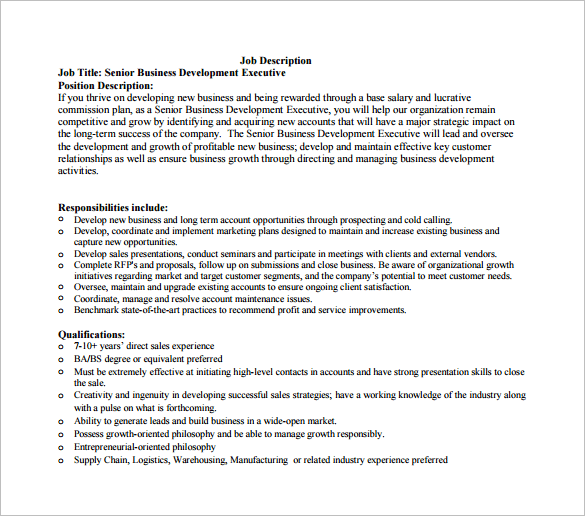 senior business development executive job description exammple template