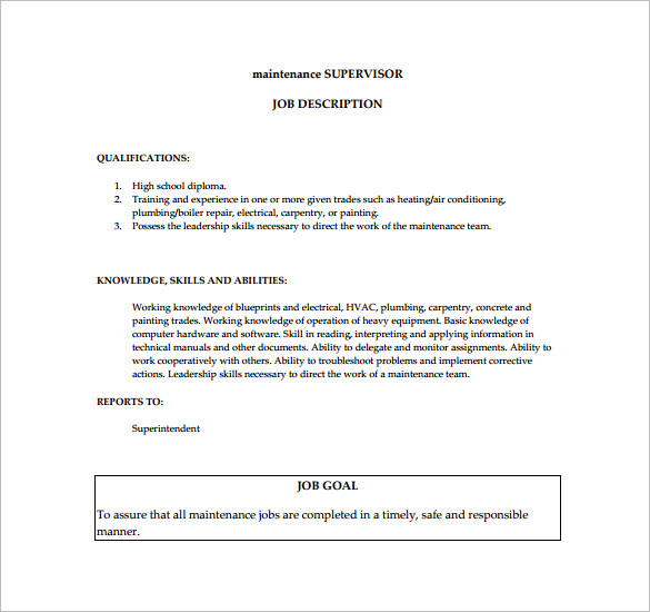 Maintenance Supervisor Job Description Pdf