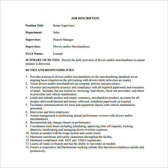 download route supervisor job description template pdf sample