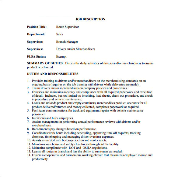 Sample job description workshop supervisor