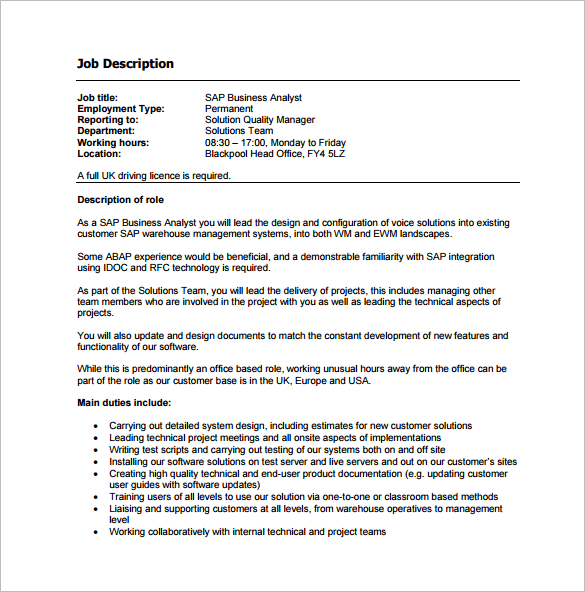 free sap business analyst job description sample template