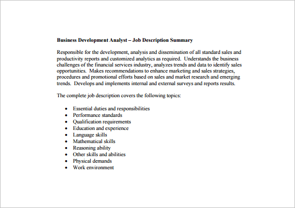 business development analyst example job description free download