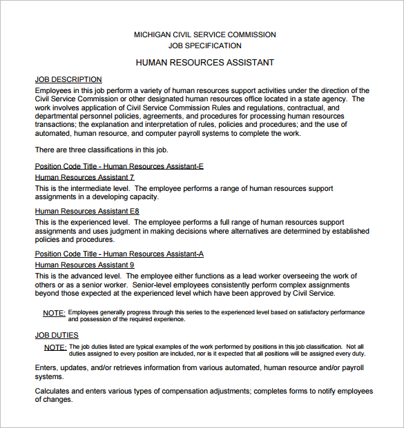 human resource assistant job description free pdf format