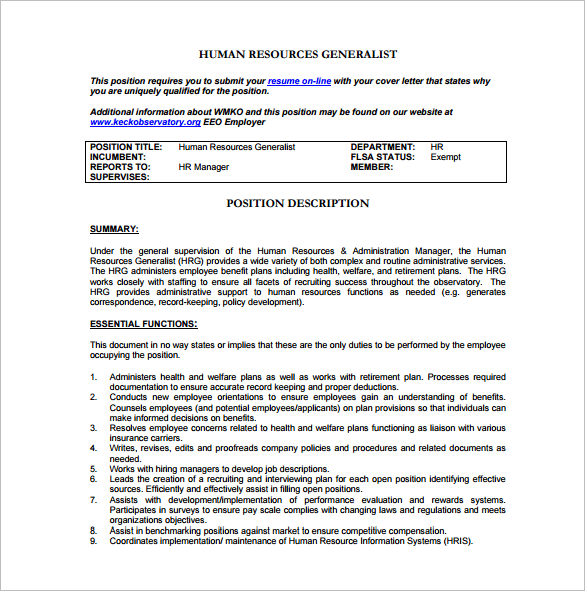 Human resources position job description