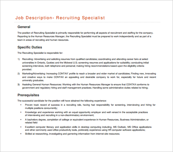 recruiter specialist job description free pdf format download