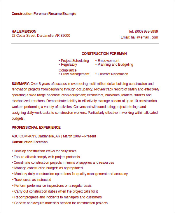 Construction Rfp Resume Samples 16+ FREE Construction Resume Example - PDF, DOC