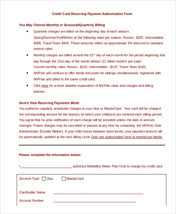 recurring credit card authorization form template in word