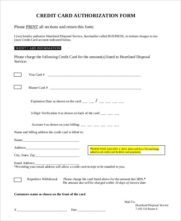 business credit card authorization form template