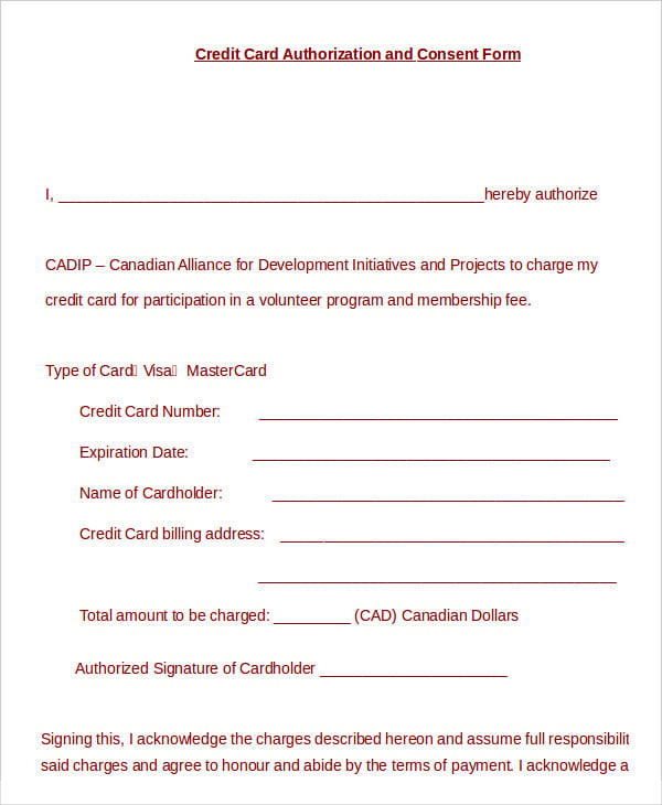 credit card authorization and consent form template