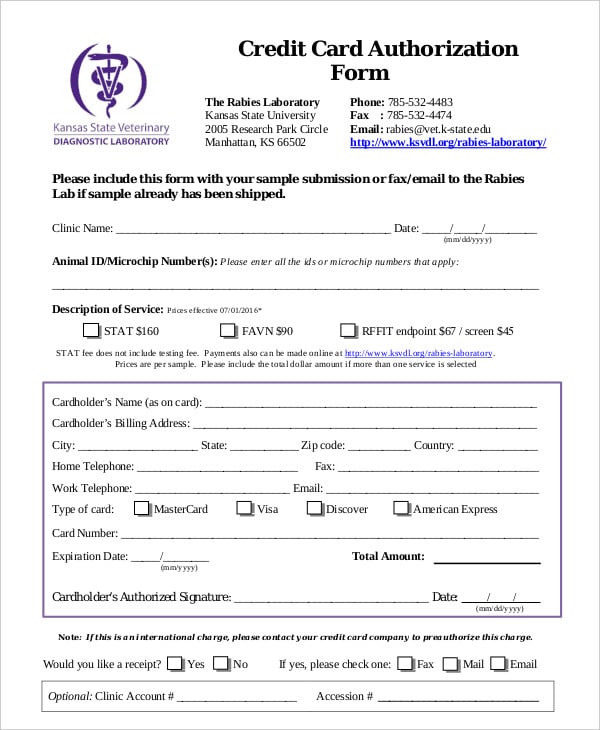 generic credit card authorization form template