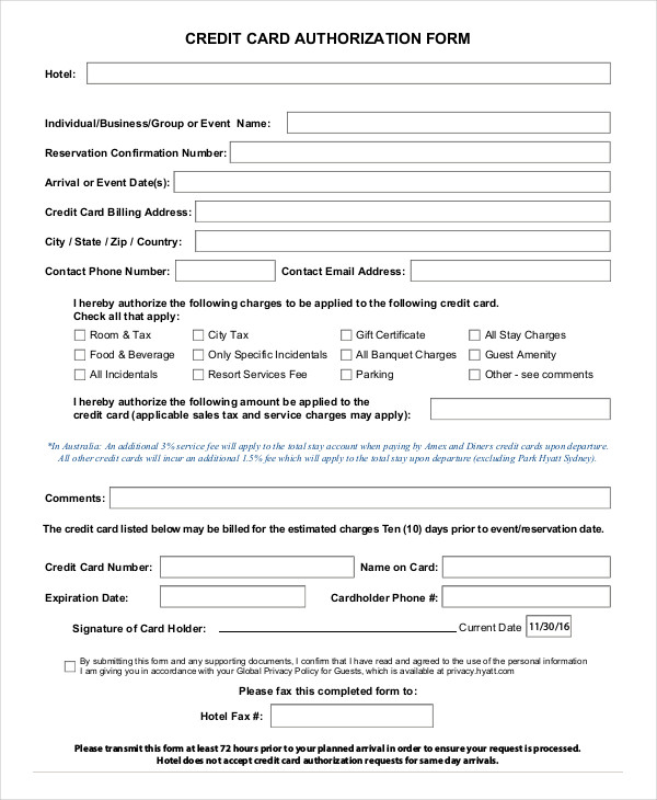 hotel credit card authorization form template