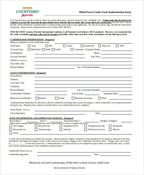 third party credit card authorization form template